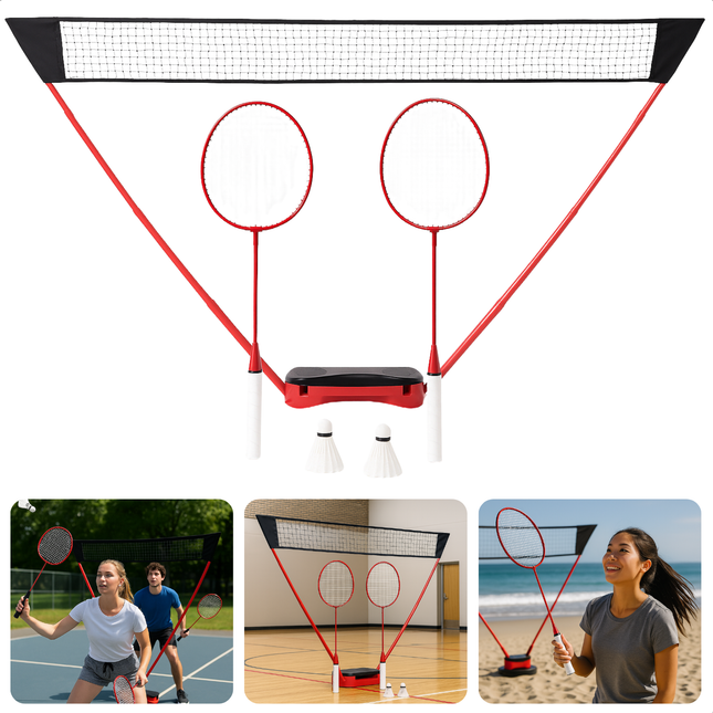 Cheqo® Complete Badmintonset 5-delig – 2 Badmintonrackets – 2 Shuttles – Badmintonnet 1,55m Hoog & 3m Breed – Draagbare Reiskoffer – Stevig Polypropyleen – Voor 2 Personen – Badminton Set voor Park, Strand & Vakantie