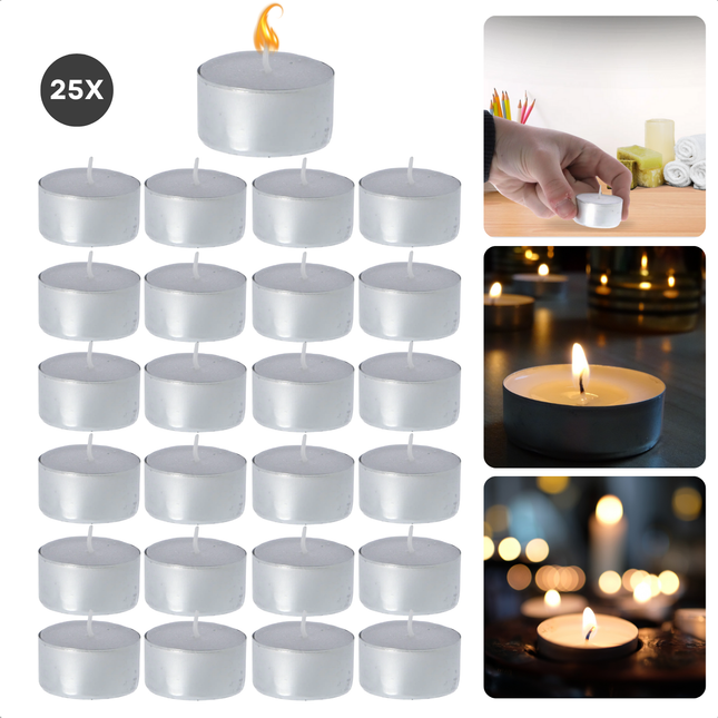 Cheqo® Theelichten 8 Uur - Waxinelichtjes - Kaarsjes - Witte Theelichtjes Set - Lange Brandduur Kaarsen - 25 Stuks