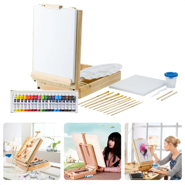 Cheqo complete schilderkoffer set met tafelezel, acrylverf en penselen voor kinderen en volwassenen, ideaal voor creatieve projecten.
