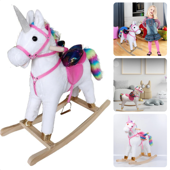 Cheqo® Pluche Eenhoorn Hobbelpaard - Schommelpaard - Unicorn met Geluidseffecten - Zacht en Veilig