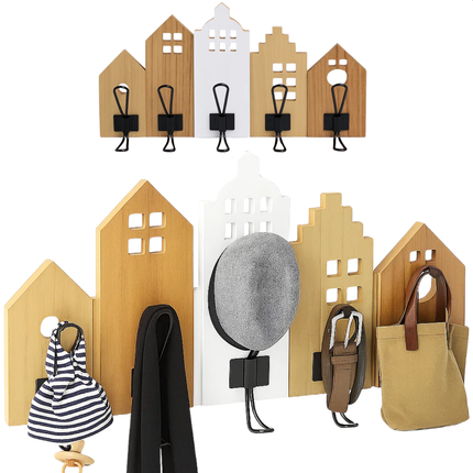 Cheqo® Kapstok Met Huisjes - Wandkapstok - Kapstok Met Haken - Decoratieve Kapstok - Huisjes Design - Kapstok Voor Hal - Kapstok Voor Kinderkamer - Moderne Kapstok - Compacte Kapstok - Jas Ophangen - Garderobe
