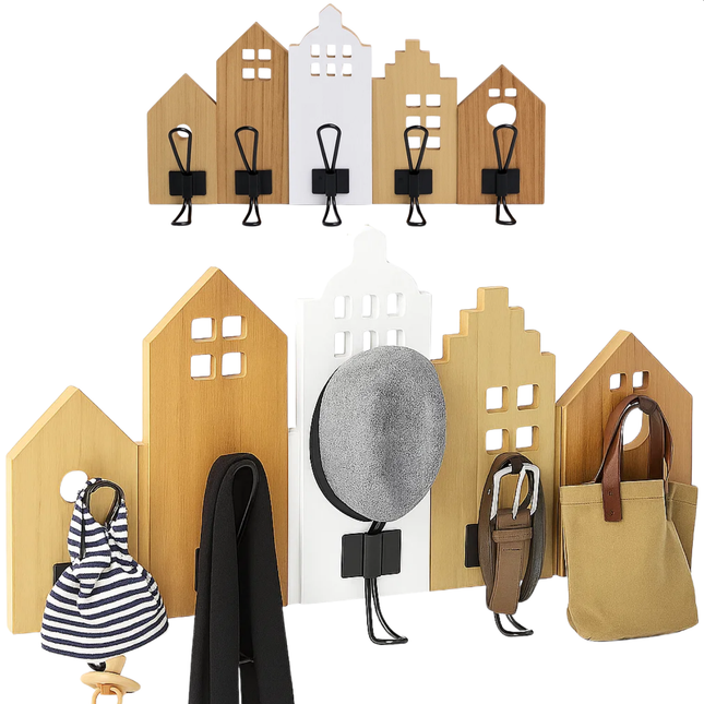Cheqo® Kapstok Met Huisjes - Wandkapstok - Kapstok Met Haken - Decoratieve Kapstok - Huisjes Design - Kapstok Voor Hal - Kapstok Voor Kinderkamer - Moderne Kapstok - Compacte Kapstok - Jas Ophangen - Garderobe