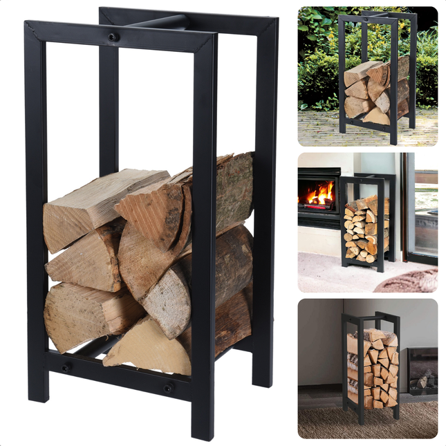 Modern mat zwarte metalen haardhoutrek met brandhout, geschikt voor binnen en buiten opslag, getoond in diverse omgevingen.