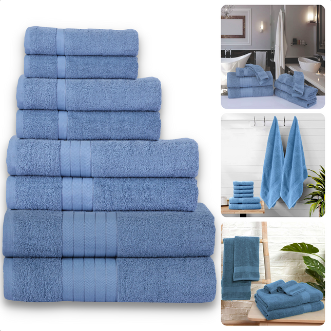 Cheqo® Handdoeken Set - Set van 8 Stuks - Ice Blauw - Verschillende Maten - 100% Katoen - 500 gr/m2 - Handdoek - Hotel Kwaliteit - Handdoek Badkamer - Zware Kwaliteit - Luxe Uitvoering - Extra Zacht & Stevig - Handdoekenset - Badhanddoeken Handdoeken