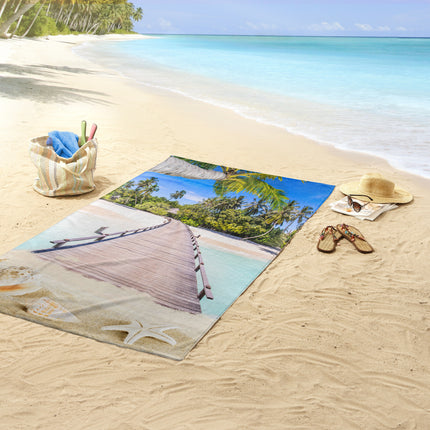 Strandlaken 100x180 cm - Tropisch Strand en Palmbomen Print - Poly Velours - Good Morning