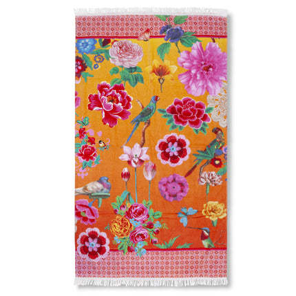 Strandlaken 100x180 cm - Bloemen en Vogels Print - Oranje/Multicolor - 100% Katoen - Voor Zomer en Strand