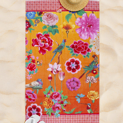 Strandlaken 100x180 cm - Bloemen en Vogels Print - Oranje/Multicolor - 100% Katoen - Voor Zomer en Strand