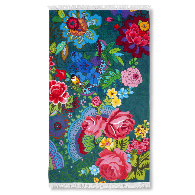 Strandlaken 100x180 cm - Bloemenprint met Vogel - Groen - 100% Katoen - Voor Zomer en Strand