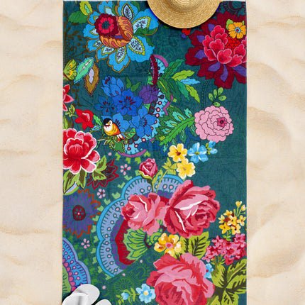 Strandlaken 100x180 cm - Bloemenprint met Vogel - Groen - 100% Katoen - Voor Zomer en Strand