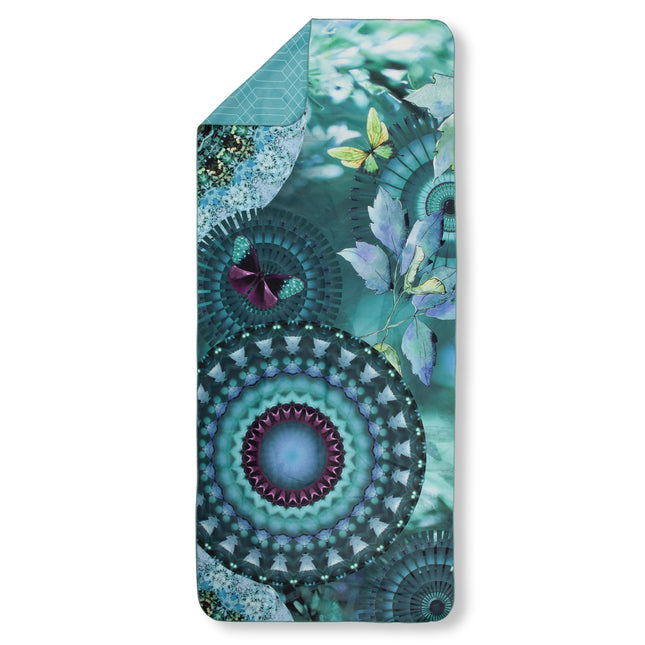 Strandlaken 75x180 cm - Mandala en Vlinder Print - Blauw/Groen - Polyvelvet - Voor Sport & Reizen