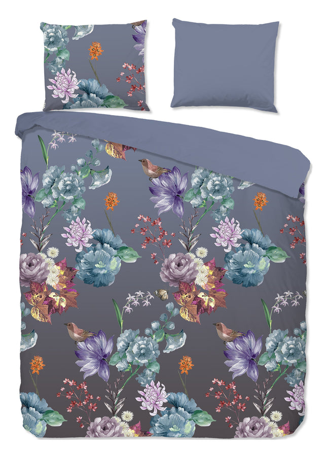 Dekbedovertrek 240x220 cm - Bloemen en Vogels Print - Grijs/Multicolor - 2 Persoons - 100% Katoen