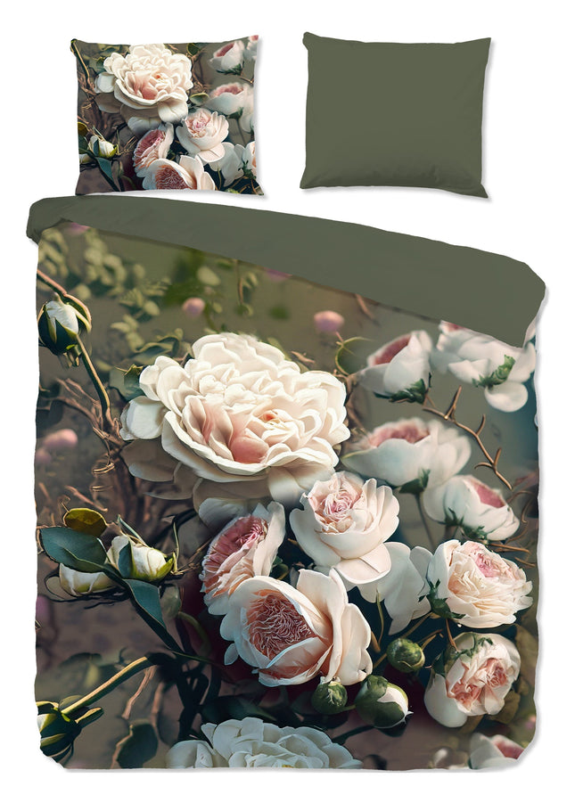 Luxe Microfiber Dekbedovertrek 240x220 cm - Witte Rozen Print - Groen - 2 Persoons - Oeko-Tex Gecertificeerd