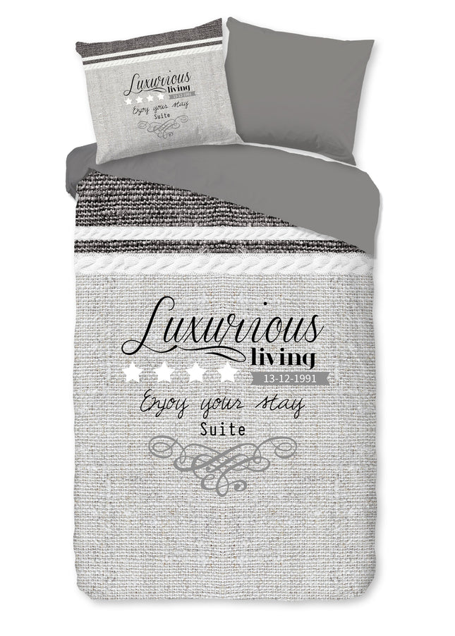 Luxe Grijs Dekbedovertrek 140x200/220 cm - Tekst en Sterren Design - 1 Persoons