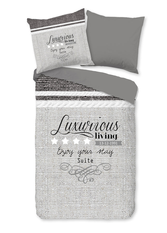 Luxe Grijs Dekbedovertrek 135x200 cm - Tekst en Sterren Design - 1 Persoons - Microfiber - Oeko-Tex Gecertificeerd