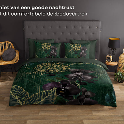 Dekbedovertrek 140x200 cm - Orchideeën en Gouden Elementen Print - Groen - 1 Persoons - 100% Katoen