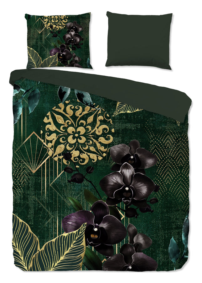 Luxe Dekbedovertrek 240x220 cm - Orchideeën en Gouden Elementen Print - Groen - 2 Persoons - 100% Katoen