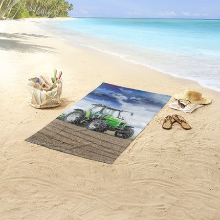 Strandlaken voor Kinderen - 75x150 cm - Tractors en Natuur Print - Groen - Poly Velours