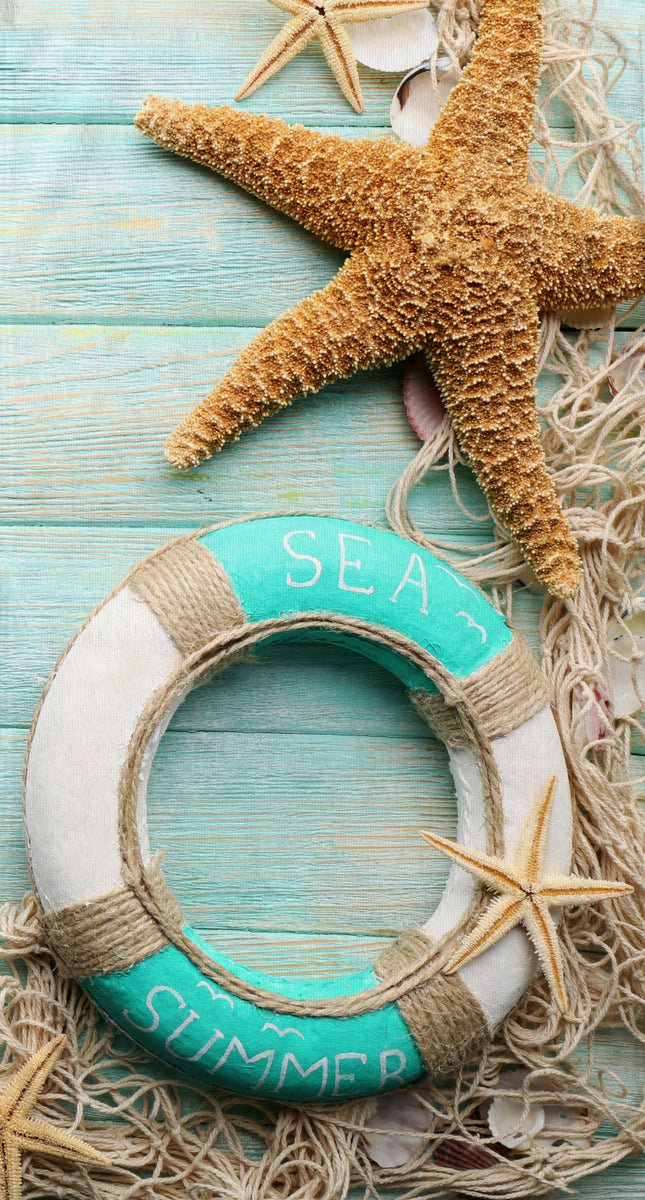 Strandlaken 100x180 cm - Zee Sterren en Schelpen Print - Aqua - Poly Velours - Good Morning