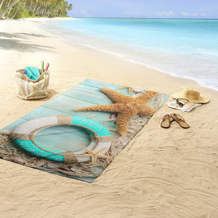 Strandlaken 100x180 cm - Zee Sterren en Schelpen Print - Aqua - Poly Velours - Good Morning