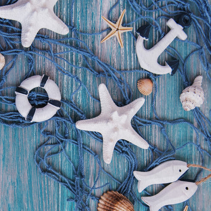 Strandlaken 100x180 cm - Maritiem Ontwerp met Zeesterren en Schelpen - Blauw - Poly Velours - 1 Persoons