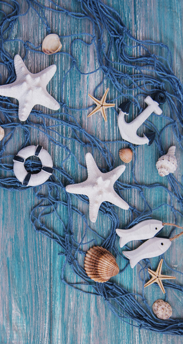 Strandlaken 100x180 cm - Maritiem Ontwerp met Zeesterren en Schelpen - Blauw - Poly Velours - 1 Persoons