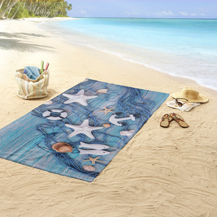 Strandlaken 100x180 cm - Maritiem Ontwerp met Zeesterren en Schelpen - Blauw - Poly Velours - 1 Persoons