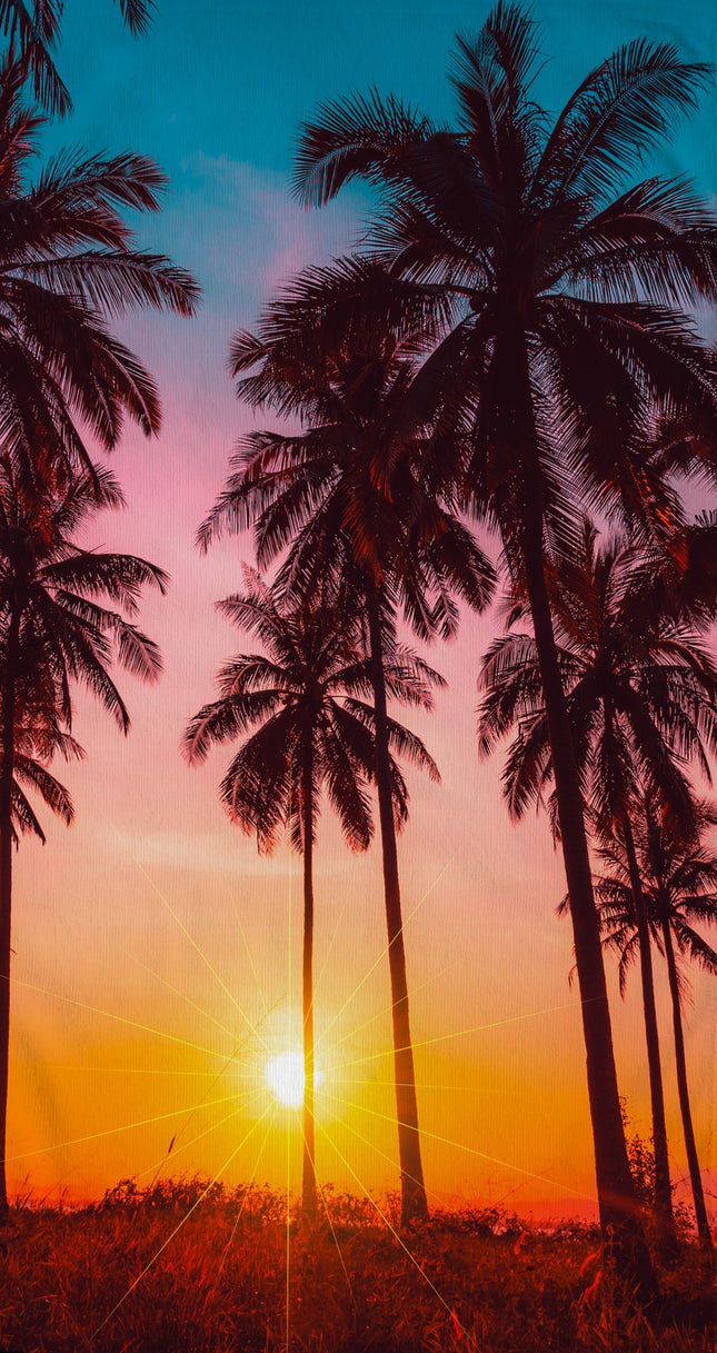 Strandlaken 100x180 cm - Tropische Palmboom en Zonsondergang Print - Poly Velours - Good Morning