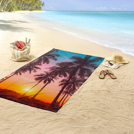Strandlaken 100x180 cm - Tropische Palmboom en Zonsondergang Print - Poly Velours - Good Morning