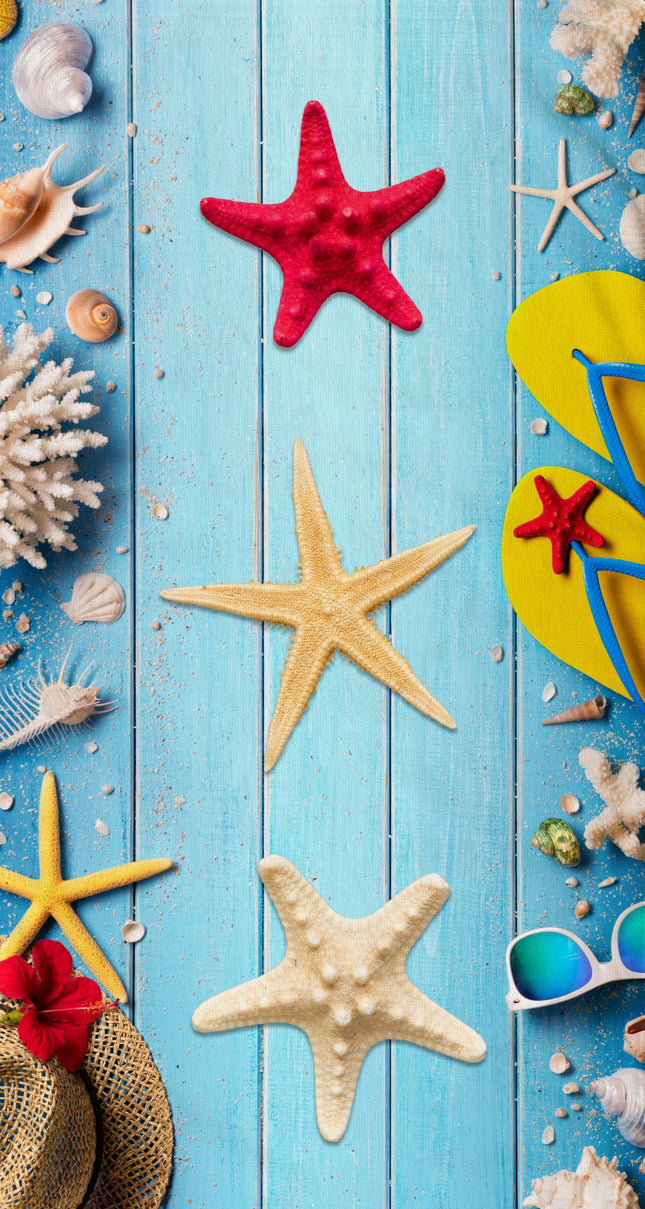 Strandlaken 100x180 cm - Zeesterren en Schelpen Print - Blauw - Poly Velours - Good Morning