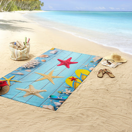 Strandlaken 100x180 cm - Zeesterren en Schelpen Print - Blauw - Poly Velours - Good Morning