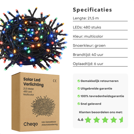 Cheqo® Solar Lichtsnoer - Kerstverlichting Buiten - Kerstboomverlichting - Cluster Verlichting - 21.5 Meter - 480 Led - Met Afstandsbediening - Multicolour - Tuinverlichting Op Zonne-Energie - Sfeerverlichting Buiten - Lichtslinger - Met Timer