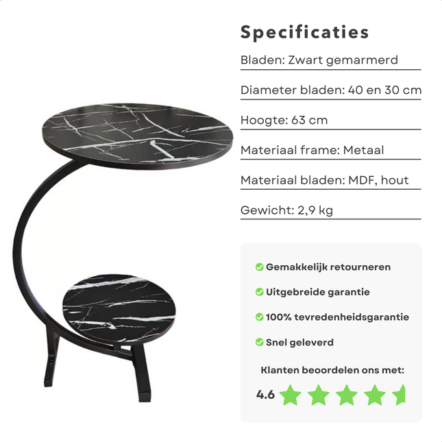 Cheqo® Zwart Bijzettafel met Marmer - Salontafel - Dubbel Tafelblad - Metalen Frame - 63 cm Hoog - MDF