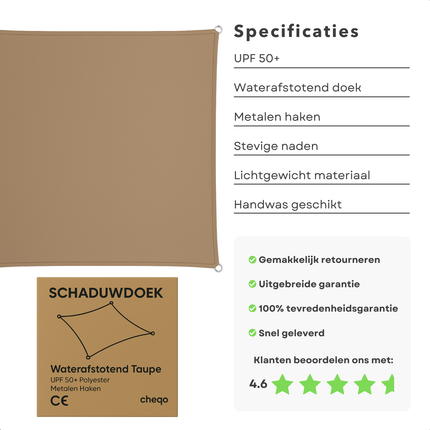 Cheqo® Schaduwdoek Vierkant - Schaduwnet - Zonwering - Zonnezeil - Luifel - Waterafstotend - 3x3 Meter - Polyester UV-bescherming - Taupe
