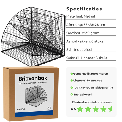 Cheqo® Brievenbak - Bureauorganiser - 6 Vakken - Documenten Opbergen - Kantoor En Thuis - Industriële Stijl - Metaal - A4-formaat - Zwart - Documenten En Magazines - Bureau Accessoires - Papierlade - Organiser Voor Kantoor