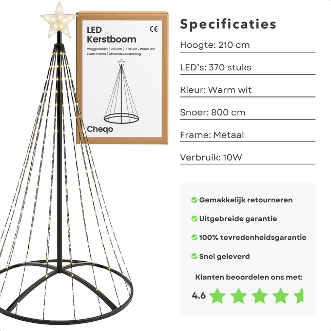 Cheqo® Kerstboom Vlaggenmast - LED Kerstboom voor Buiten  - Vlaggenmast Verlichting - Warm Wit Licht - Buiten Kerstboom - Zwart Frame - Afstandsbediening - 210 cm Hoogte - IP44 Adapter - Geschikt Voor Buiten