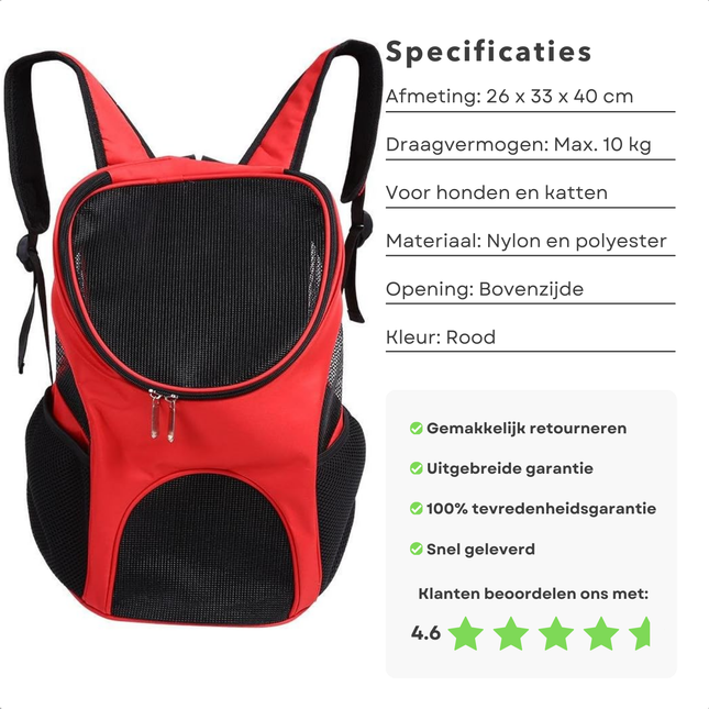 Cheqo® Hondenrugzak - Reistas Kat - Dieren Draagtas - Dierendraagtas - Hondentas - Rood - Voor Honden en Katten tot 10kg