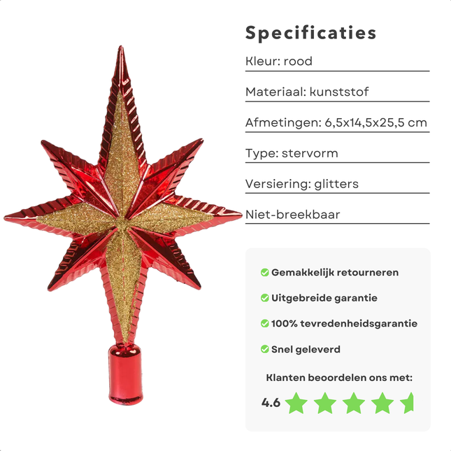 Cheqo® Kerstboom Piek - Kerstster Piek - Kerstboomtopper Ster - Onbreekbare Rode Glitter Piek - Kunststof