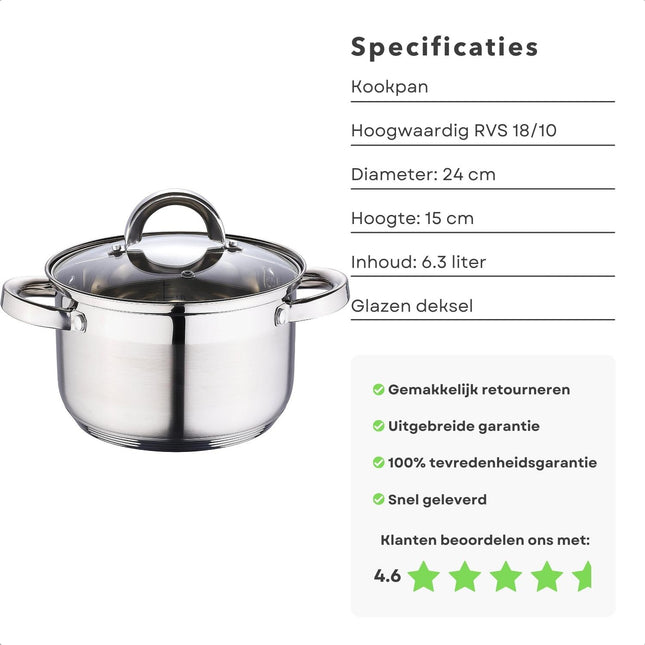 Cheqo® RVS Kookpan 24cm - Glazen Deksel - Energiebesparend - Inductie Geschikt - Vaatwasserbestendig Kookpannen