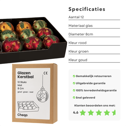 Cheqo® Glazen Kerstballen - Set van 12 - Mat Kerstballen - 8 CM Diameter - Rood Groen Goud - Kerstboomversiering - Kerstversiering - Goudkleurig Kapje - Rode Kerstballen Set