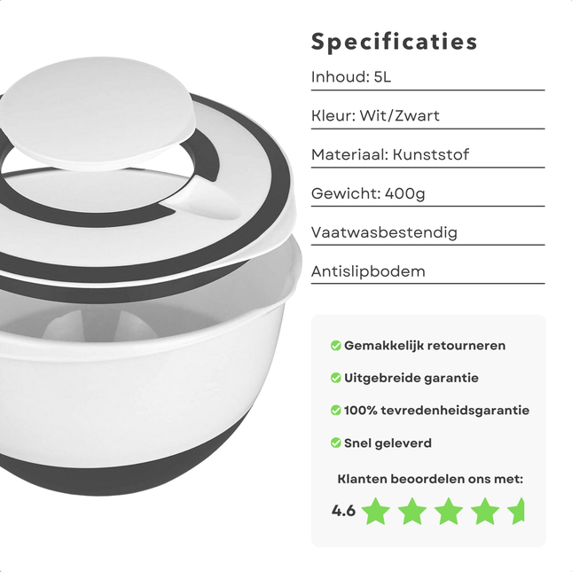 Cheqo® Grote Mengkom met Deksel - 5L - Beslagkom - Mixkom - Mengkommen - Handige Keukenkom met Deksel - Wit/Zwart Kunststof
