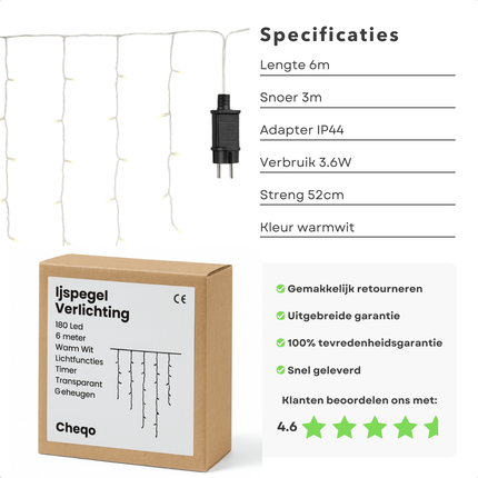 Cheqo® Ijspegel Verlichting - Ijspegelverlichting 180 LED Lampjes - Kerstverlichting Warm Wit Licht - Lichtfuncties met Timer - Transparant Snoer - 6 Meter Breed - 3 Meter Aanloopsnoer - Binnen en Buiten Gebruik - IP44 Adapter - 8 Lichtfuncties