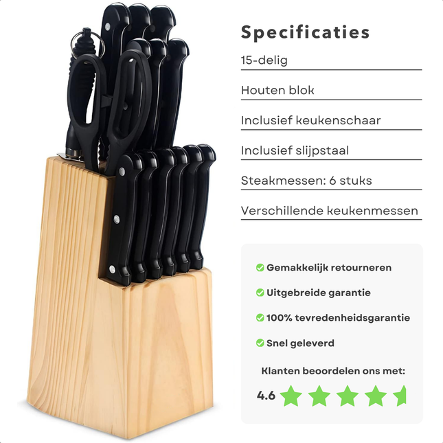 Cheqo® Messenset met Messenblok Hout - Keukenmessen 15-delig - Messen Set - Messen met Blok - Keukengerei Set