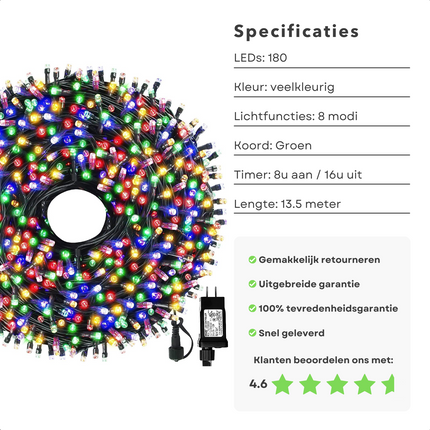 Cheqo® Kerstverlichting - Kerstboomverlichting - Kerstlampjes - Sfeerverlichting - LED Verlichting - Voor Binnen en Buiten - Tuinverlichting - Feestverlichting - Lichtsnoer - Multicolor - 180 LED's - 13.5M - Timer - 8 Lichtfuncties Kerstboomverlichting