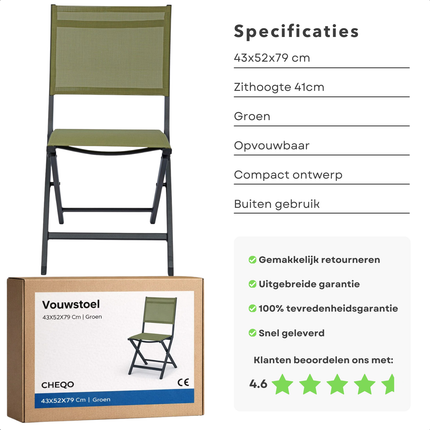Cheqo® Vouwstoel - Klapstoel - Opvouwbare Stoel - Inklapbare Stoel - Campingstoel - Kampeerstoel - Strandstoel - Festival Stoel - Tuinstoel Opvouwbaar - Tuinstoel Inklapbaar - Groene Vouwstoel