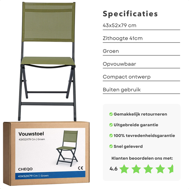 Cheqo® Vouwstoel - Klapstoel - Opvouwbare Stoel - Inklapbare Stoel - Campingstoel - Kampeerstoel - Strandstoel - Festival Stoel - Tuinstoel Opvouwbaar - Tuinstoel Inklapbaar - Groene Vouwstoel