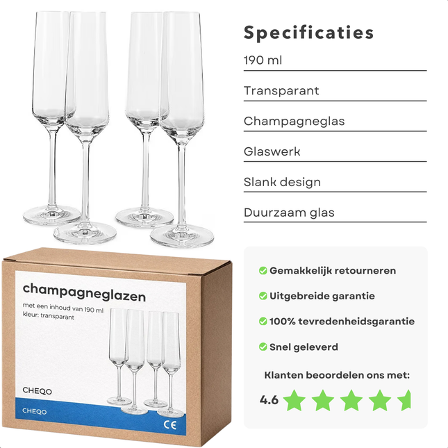 Cheqo® Champagneglazen - Champagne Glazen - Champagneglas - Champagne Flutes - Champagne Flute Glazen - Champagnefluiten - Flute Glazen - Fluitglas - Fluitglazen - Prosecco Glazen - Cava Glazen