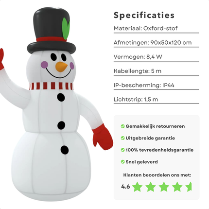 Cheqo® Opblaasbare Sneeuwpop - Sneeuwpop Opblaasbaar - Sneeuwman - 120 cm - Weerbestendige Kerstdecoratie - Oxford Stof