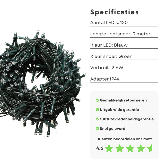 Rol Cheqo® LED Kerstverlichting met 120 blauwe LED's, groen snoer, 9 meter lang, waterdicht en energiezuinig met 4.6 sterbeoordeling.