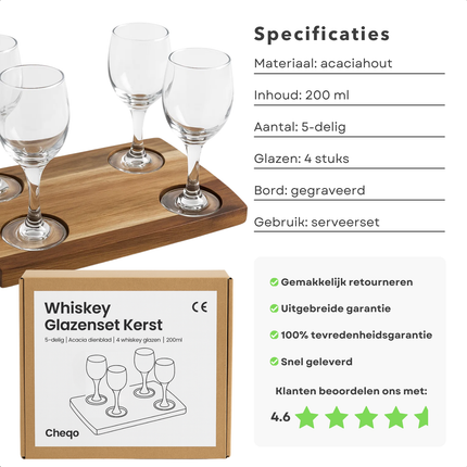 Cheqo® Whiskey Set - 5-Delig - Acacia Dienblad - Whiskey Glazen - Whiskeyglas Set - Cadeau Set - Luxe Design - Kerst Cadeau - Unieke Serveerset - Stijlvolle Presentatie - Whiskey Liefhebbers - Acacia Hout - Feestelijke Set