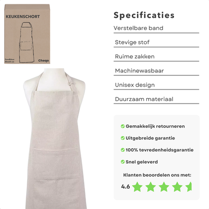 Cheqo® Beige Katoen Keukenschort - Kookschort - Schort - Verstelbaar Unisex - Met Zakken - Duurzaam Koken
